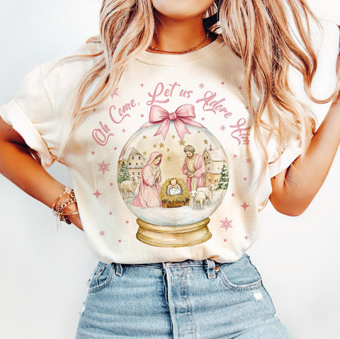 Oh come let us adore him Snowglobe tee