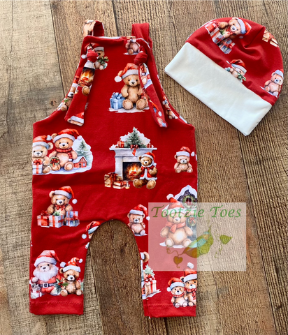 Christmas Teddies Knot overalls and hat set