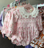 Pink Floral Smocked Embroidered Fall Bubble