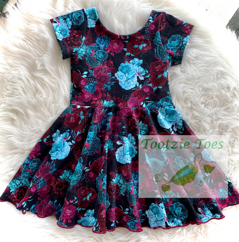 Burgundy and Aqua floral twirl dress